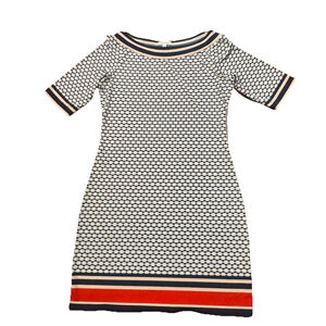 Max Studio Classic Casual Dress Size:L Blue Geometric Sheath Midi Short Sleeve